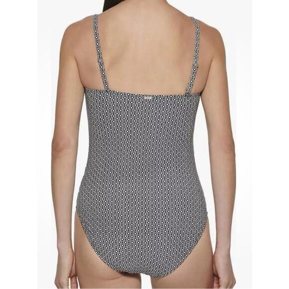 DKNY Women's Black & White Geometric Print Adjustable Strap One Piece Swimsuit L - Picture 3 of 13